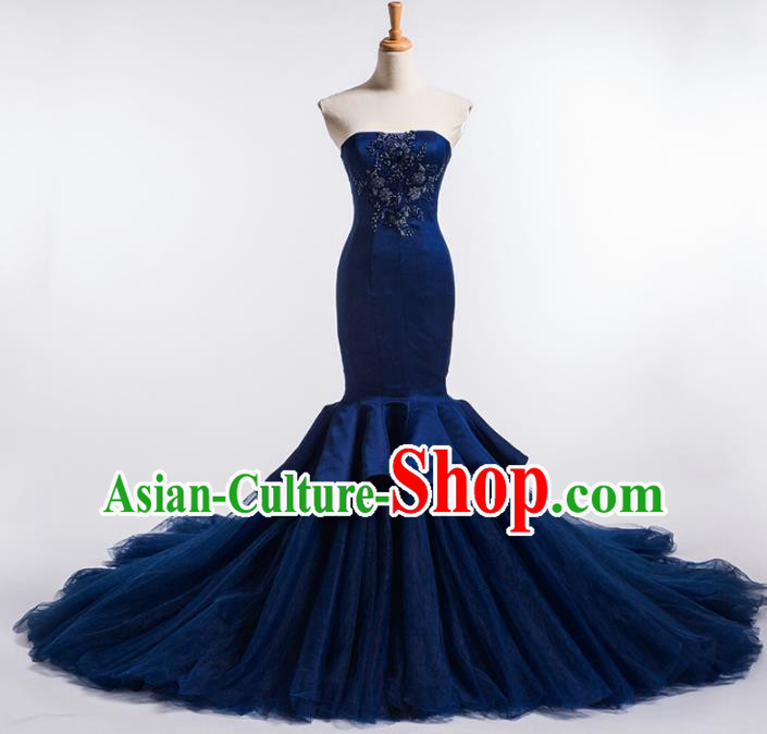 Top Grade Compere Navy Veil Fishtail Full Dress Princess Embroidered Wedding Dress Costume for Women