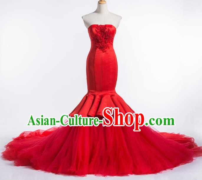 Top Grade Compere Red Veil Fishtail Full Dress Princess Embroidered Wedding Dress Costume for Women