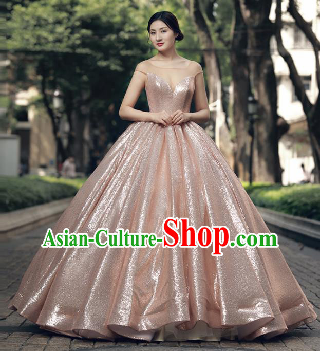 Top Grade Compere Pink Paillette Bubble Full Dress Princess Embroidered Wedding Dress Costume for Women