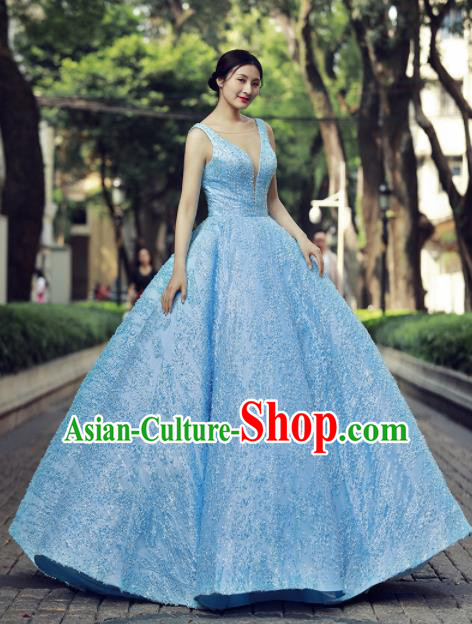 Top Grade Compere Blue Paillette Bubble Full Dress Princess Embroidered Wedding Dress Costume for Women