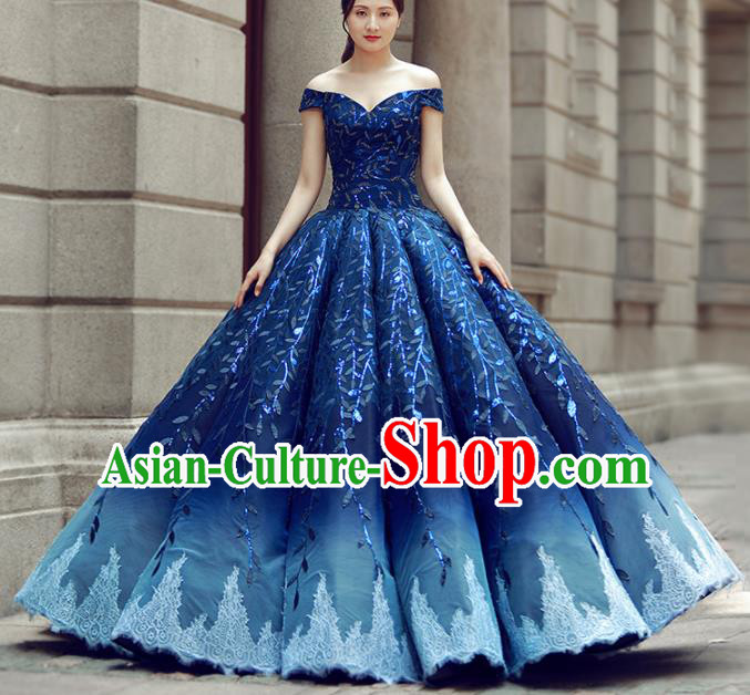 Top Grade Compere Royalblue Bubble Full Dress Princess Embroidered Wedding Dress Costume for Women