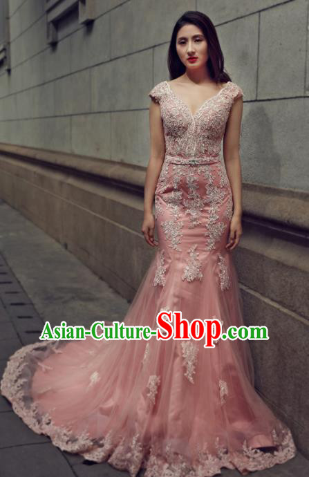 Top Grade Compere Pink Veil Trailing Full Dress Princess Embroidered Wedding Dress Costume for Women