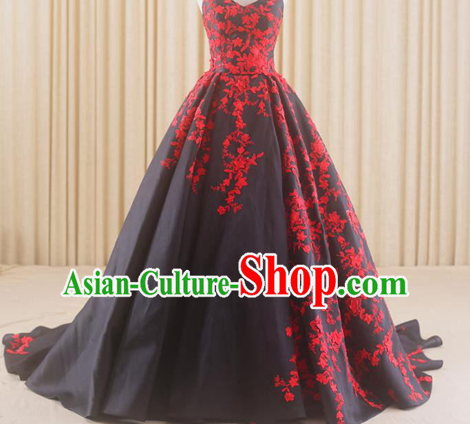 Top Grade Compere Black Trailing Full Dress Princess Embroidered Wedding Dress Costume for Women