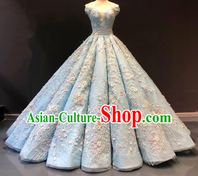 Top Grade Compere Blue Bubble Embroidered Full Dress Princess Wedding Dress Costume for Women