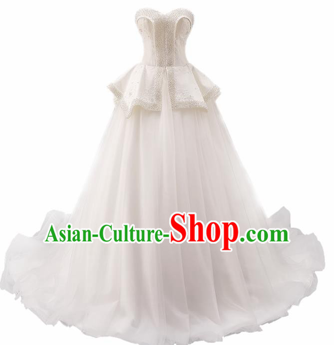 Top Grade Compere White Veil Trailing Full Dress Princess Embroidered Wedding Dress Costume for Women