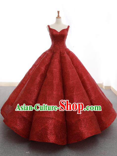 Top Grade Compere Wine Red Veil Bubble Full Dress Princess Embroidered Wedding Dress Costume for Women