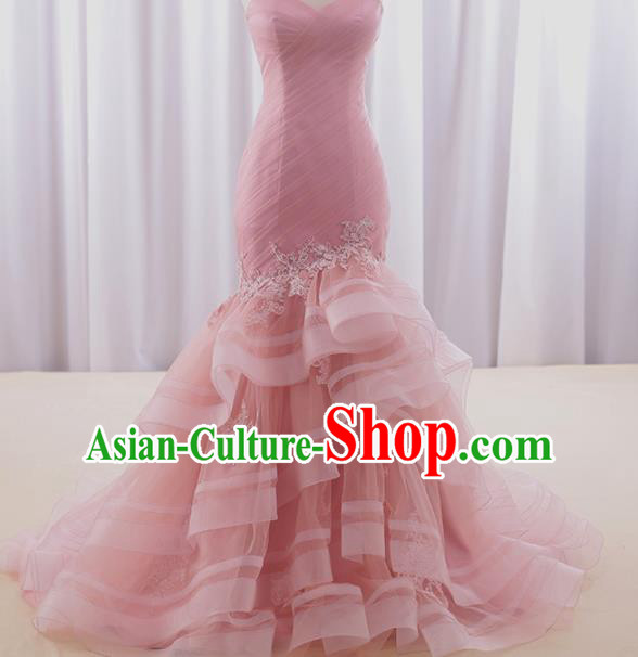 Top Grade Compere Pink Veil Fishtail Full Dress Princess Embroidered Wedding Dress Costume for Women