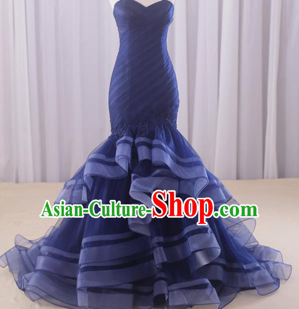 Top Grade Compere Royalblue Veil Fishtail Full Dress Princess Embroidered Wedding Dress Costume for Women