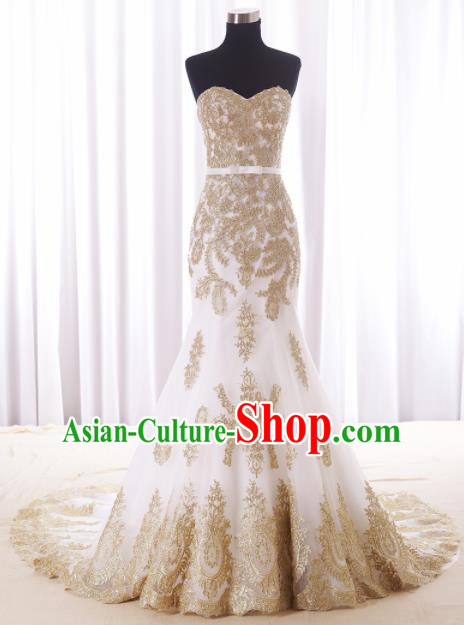 Top Grade Wedding Gown Bride Costume White Veil Fishtail Full Dress Princess Dress for Women