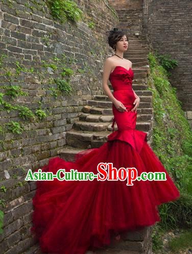 Top Grade Compere Red Veil Fishtail Trailing Full Dress Princess Embroidered Wedding Dress Costume for Women