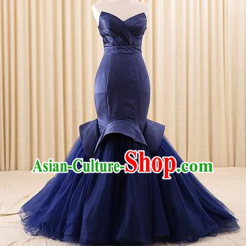 Top Grade Compere Navy Veil Fishtail Trailing Full Dress Princess Embroidered Wedding Dress Costume for Women