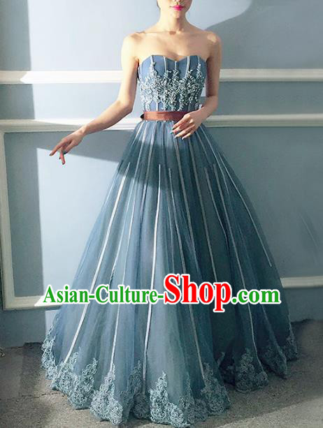 Top Grade Compere Blue Veil Full Dress Princess Embroidered Wedding Dress Costume for Women