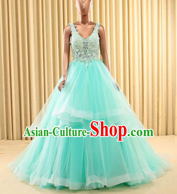 Top Grade Compere Full Dress Princess Green Veil Wedding Dress Costume for Women