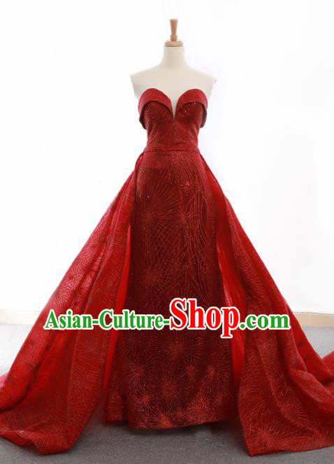 Top Grade Compere Wine Red Veil Trailing Full Dress Princess Embroidered Wedding Dress Costume for Women