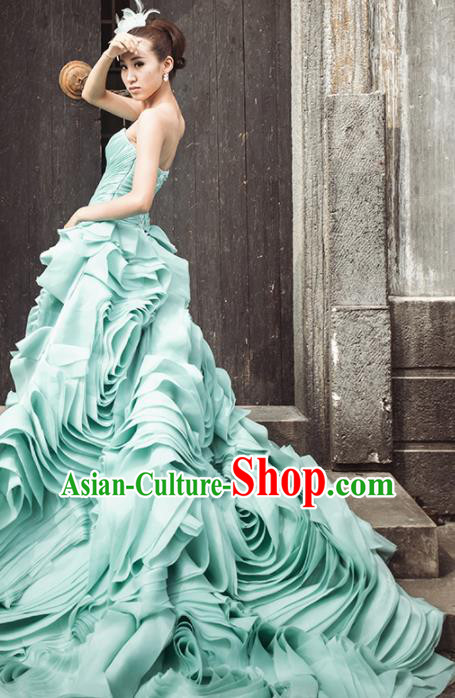 Top Grade Compere Green Rose Full Dress Princess Trailing Wedding Dress Costume for Women