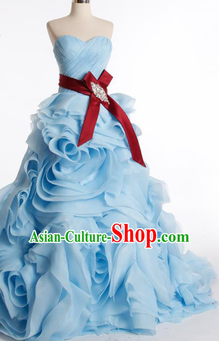 Top Grade Compere Blue Rose Full Dress Princess Trailing Wedding Dress Costume for Women