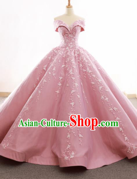 Top Grade Compere Pink Trailing Full Dress Princess Embroidered Wedding Dress Costume for Women