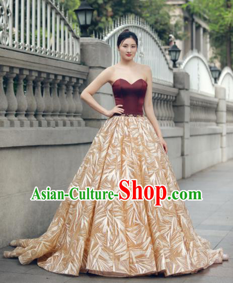 Top Grade Compere Golden Veil Trailing Full Dress Princess Embroidered Wedding Dress Costume for Women