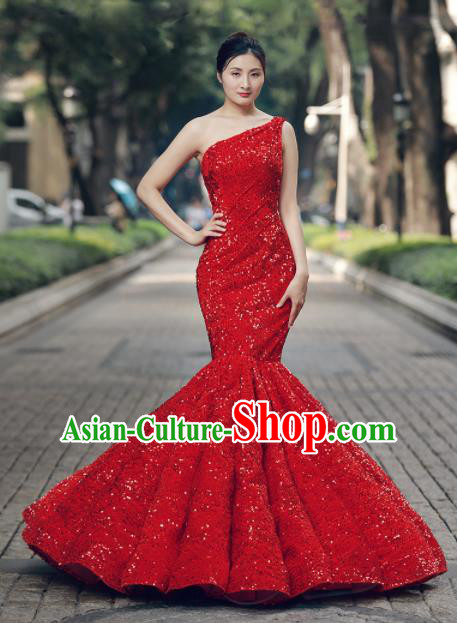 Top Grade Compere Red Veil Fishtail Full Dress Princess Embroidered Wedding Dress Costume for Women