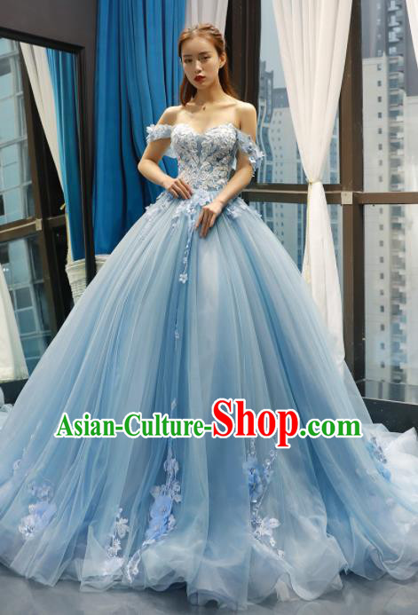 Top Grade Compere Blue Veil Full Dress Princess Trailing Wedding Dress Costume for Women