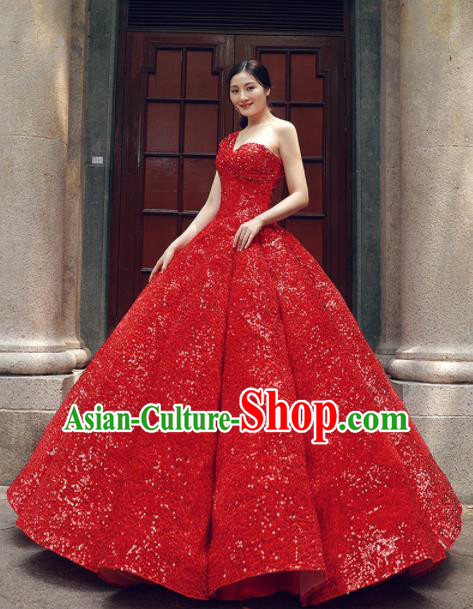 Top Grade Compere Red Veil Paillette Full Dress Princess Embroidered Wedding Dress Costume for Women