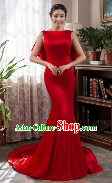 Top Grade Compere Red Satin Fishtail Full Dress Princess Wedding Dress Costume for Women