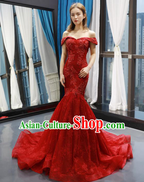 Top Grade Compere Red Trailing Full Dress Princess Fishtail Wedding Dress Costume for Women