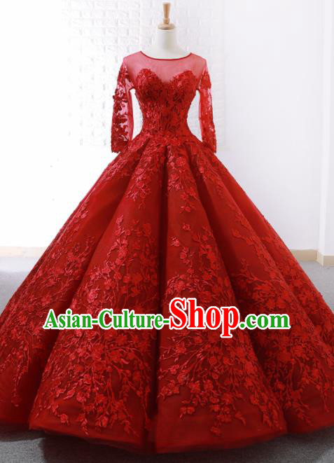 Top Grade Compere Red Bubble Full Dress Princess Embroidered Trailing Wedding Dress Costume for Women