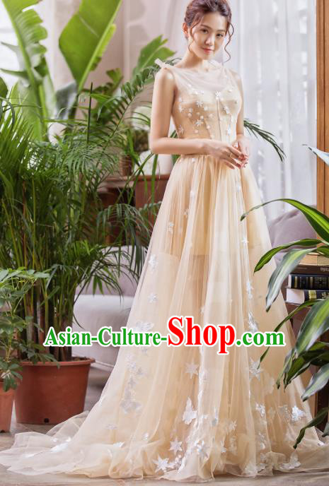 Top Grade Compere Champagne Full Dress Princess Embroidered Trailing Wedding Dress Costume for Women