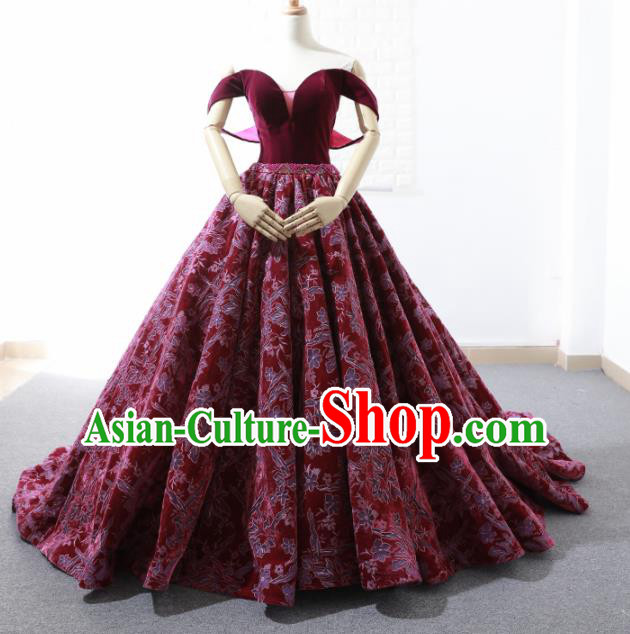 Top Grade Compere Wine Red Embroidered Full Dress Princess Trailing Wedding Dress Costume for Women