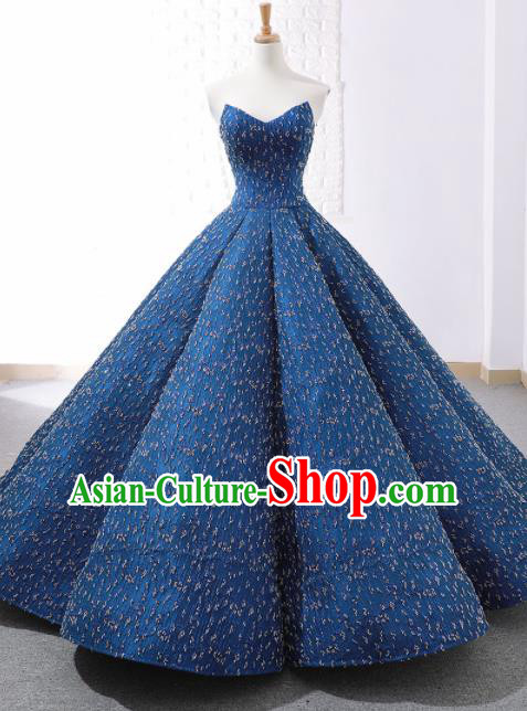 Top Grade Compere Embroidered Blue Strapless Full Dress Princess Wedding Dress Costume for Women