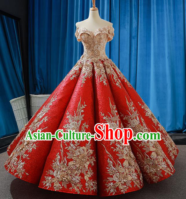 Top Grade Compere Embroidered Red Full Dress Princess Wedding Dress Costume for Women