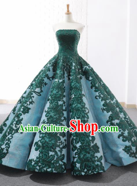 Top Grade Compere Embroidered Green Trailing Full Dress Princess Wedding Dress Costume for Women