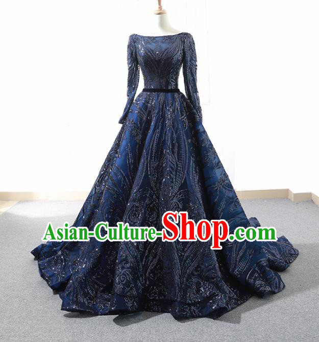 Top Grade Compere Embroidered Royalblue Veil Full Dress Princess Trailing Wedding Dress Costume for Women