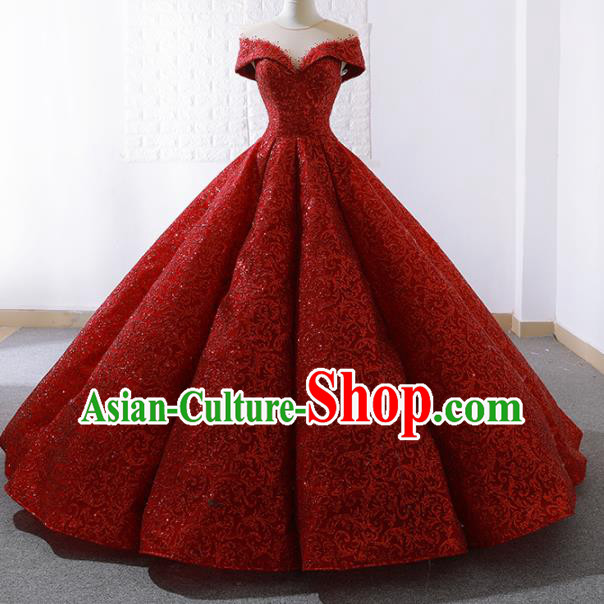 Top Grade Compere Embroidered Red Paillette Full Dress Princess Trailing Wedding Dress Costume for Women