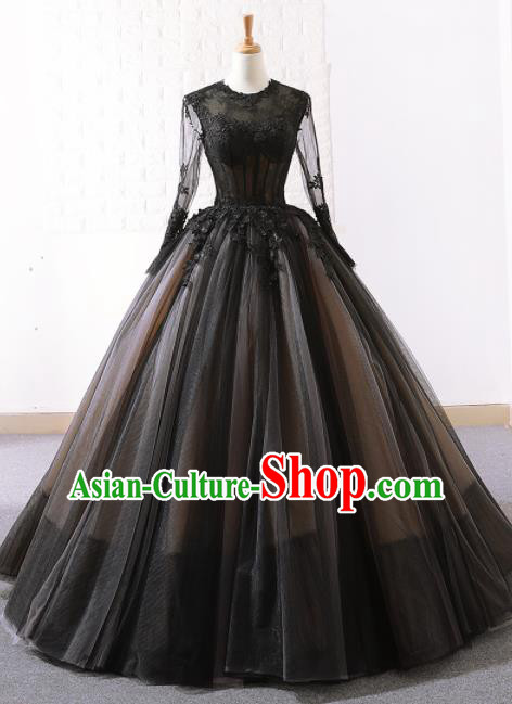 Top Grade Compere Embroidered Black Veil Full Dress Princess Trailing Wedding Dress Costume for Women