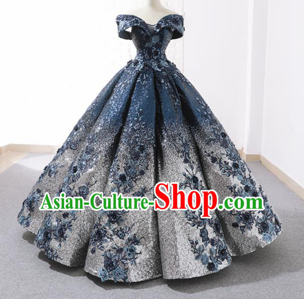 Top Grade Compere Embroidered Royalblue Paillette Full Dress Princess Bubble Wedding Dress Costume for Women