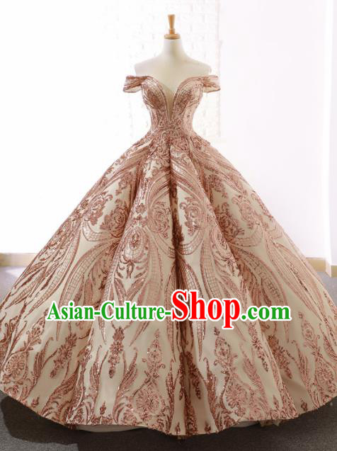 Top Grade Compere Pink Paillette Full Dress Princess Embroidered Bubble Wedding Dress Costume for Women