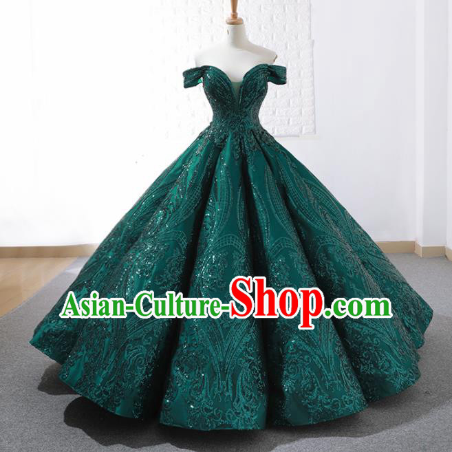 Top Grade Compere Green Paillette Full Dress Princess Embroidered Bubble Wedding Dress Costume for Women