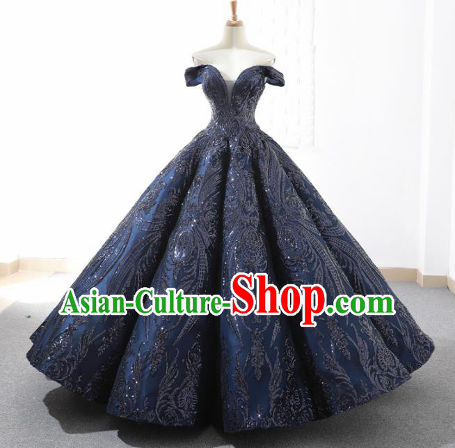 Top Grade Compere Navy Paillette Full Dress Princess Embroidered Bubble Wedding Dress Costume for Women