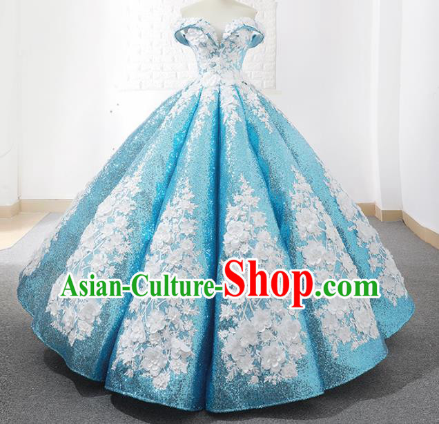 Top Grade Compere Blue Paillette Full Dress Princess Embroidered Bubble Wedding Dress Costume for Women