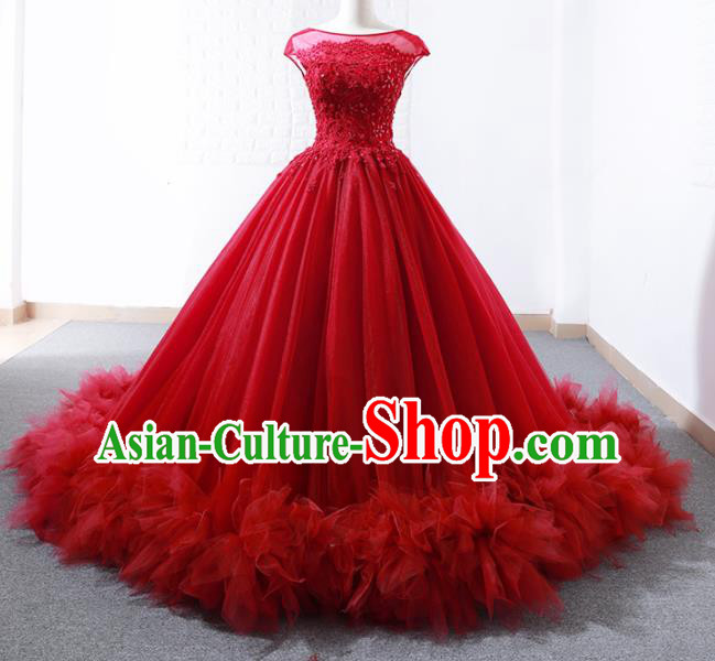 Top Grade Compere Full Dress Princess Red Veil Trailing Wedding Dress Costume for Women