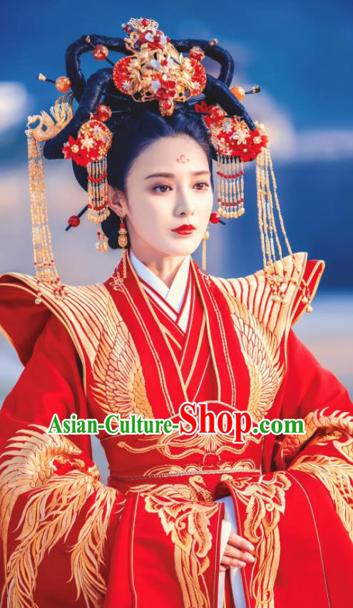 Traditional Chinese Tang Dynasty Crown Princess Wedding Hanfu Dress Ancient Queen Embroidered Costume and Headpiece Complete Set