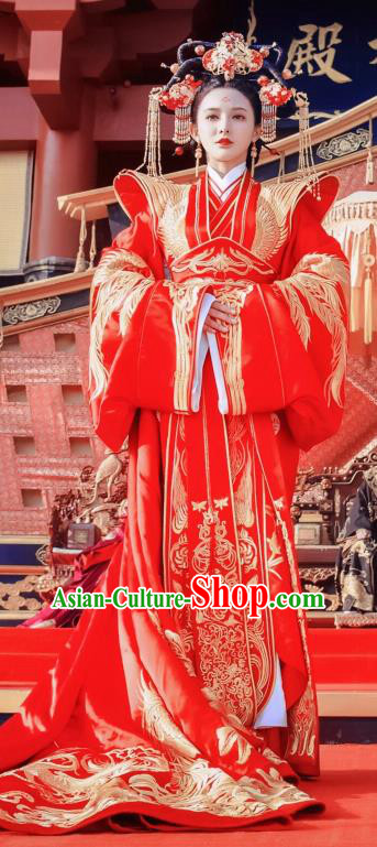 Traditional Chinese Tang Dynasty Crown Princess Wedding Hanfu Dress Ancient Queen Embroidered Costume and Headpiece Complete Set