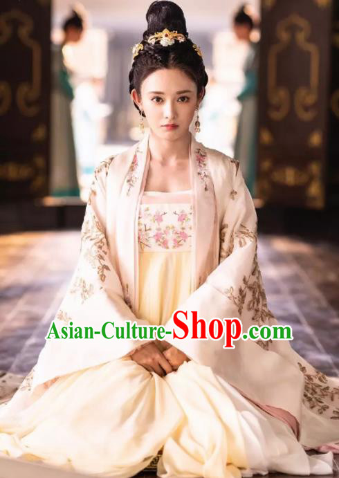 Traditional Chinese Tang Dynasty Princess Consort Hanfu Dress Ancient Drama Queen Embroidered Costume and Headpiece Complete Set