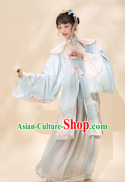 Chinese Traditional Peri Blue Hanfu Dress Ancient Ming Dynasty Princess Embroidered Costume for Women