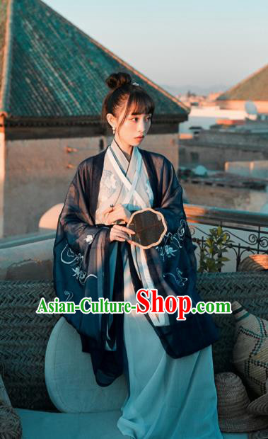 Chinese Traditional Navy Hanfu Dress Ancient Jin Dynasty Imperial Consort Embroidered Costume for Women