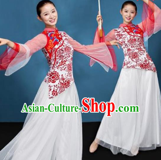 Chinese National Folk Dance Printing Red Peony Costume Traditional Yangko Dance Fan Dance Clothing for Women