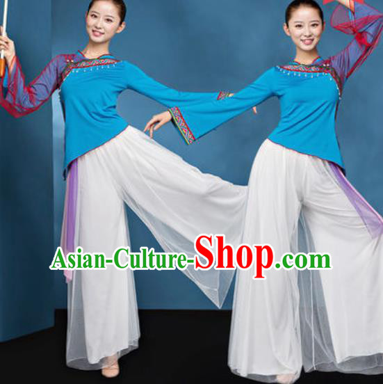 Chinese National Folk Dance Blue Costume Traditional Yangko Dance Fan Dance Clothing for Women