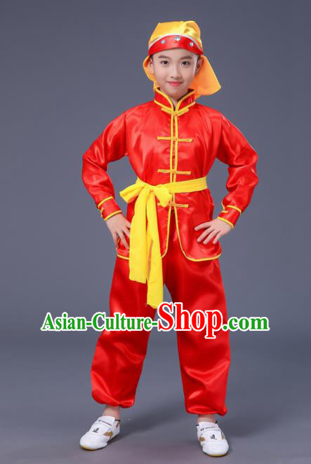 Chnese Traditional Folk Dance Costume Martial Arts Kung Fu Red Clothing for Kids